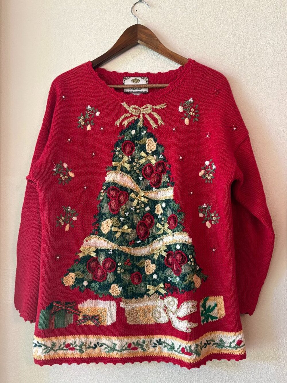Vintage 90s Tiara Intl Ugly Christmas Sweater Embroidered Tree Embellished Sz L